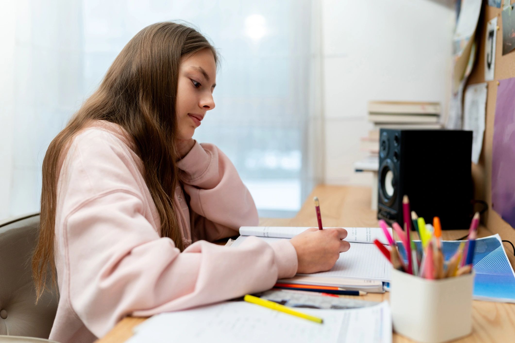 Primary school student studying at home