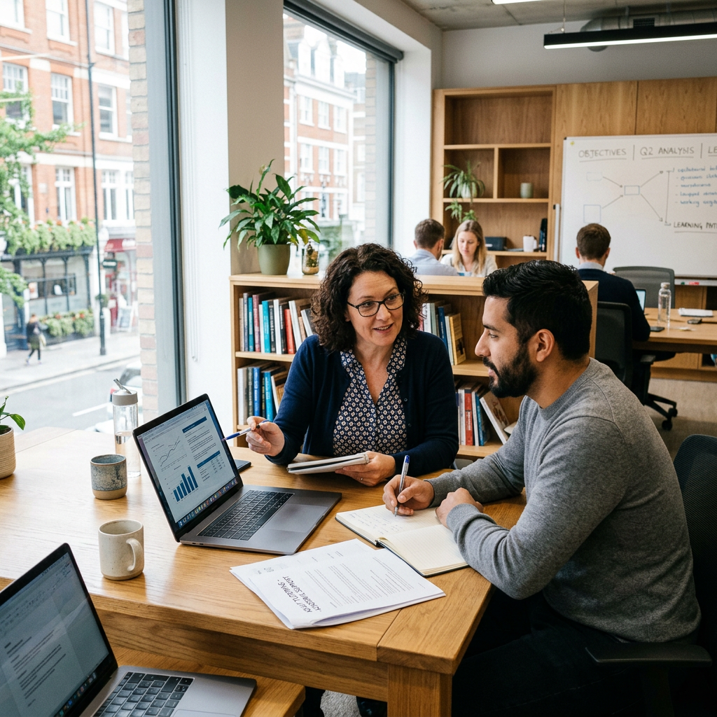 Two colleagues discussing data on a laptop and taking notes in an office